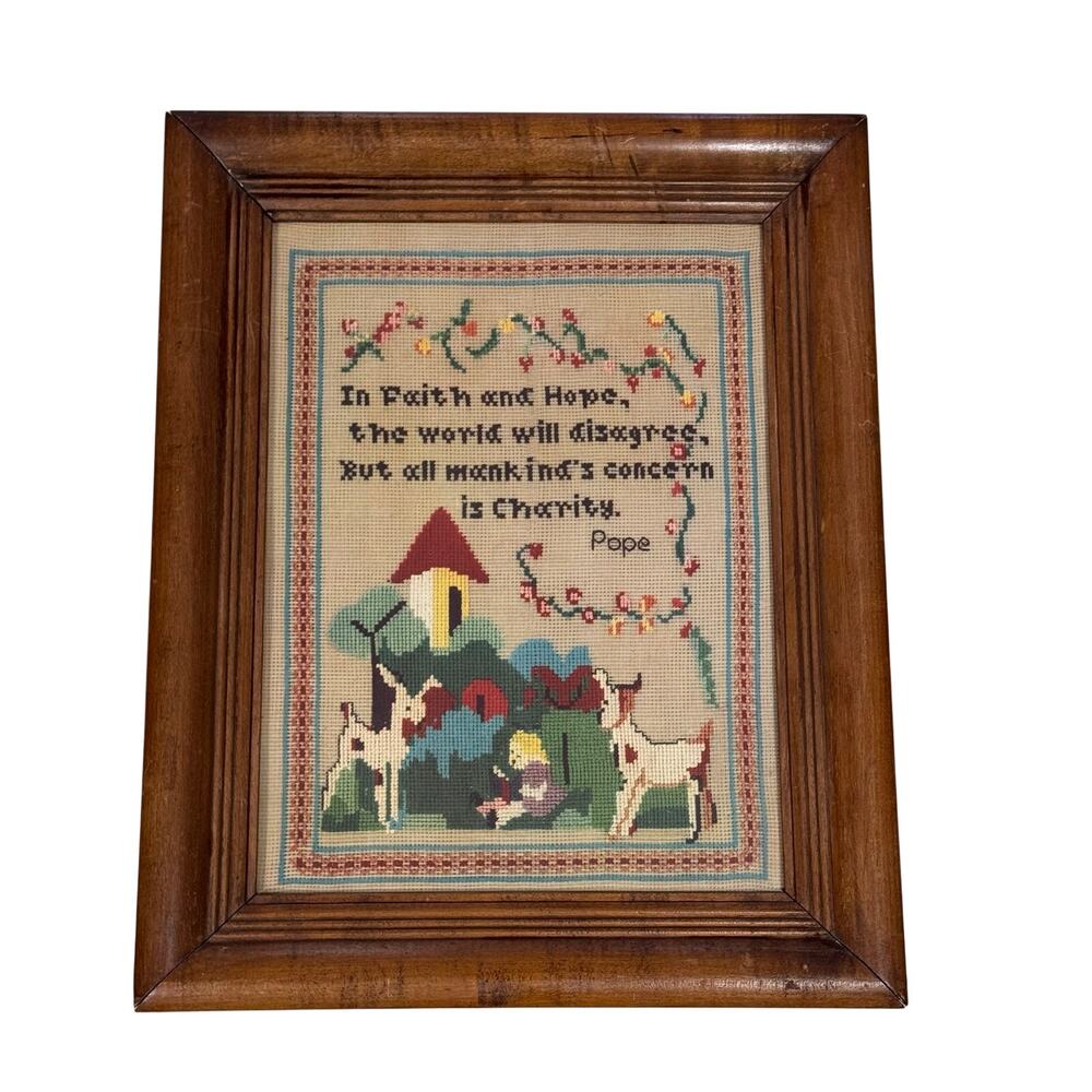 Vintage Faux Cross Stitch Picture Faith Hope Charity Cottage Grandma Core 12x15